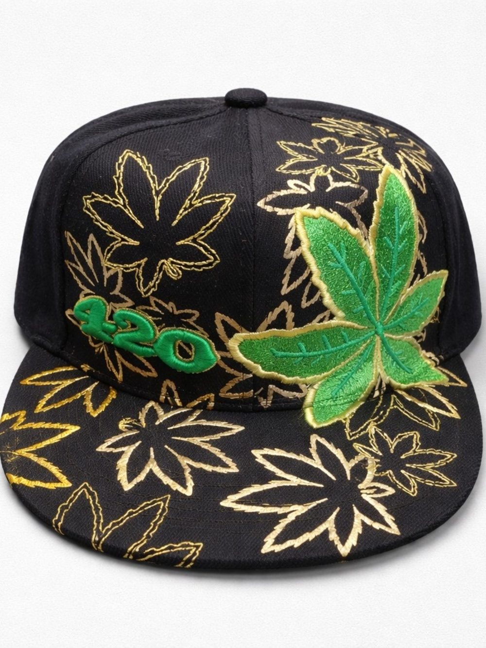 Black Snapback Hat with Green Leaf & Gold Embroidery